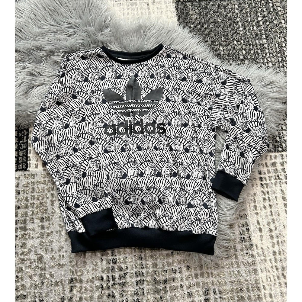 Adidas Sweatshirt Girls L Zebra Crew Pullover Trefoil Sweater Black White Sporty
